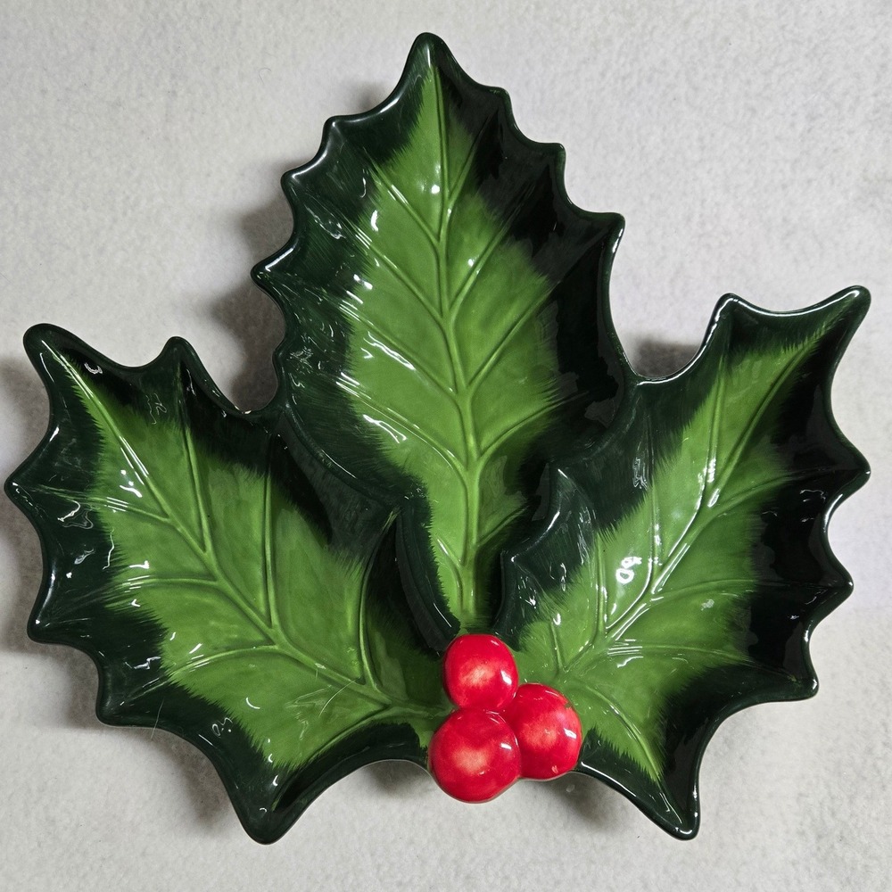 Large Christmas Holly Leaf Ceramic Divided Serving Dish Red Berries 15"